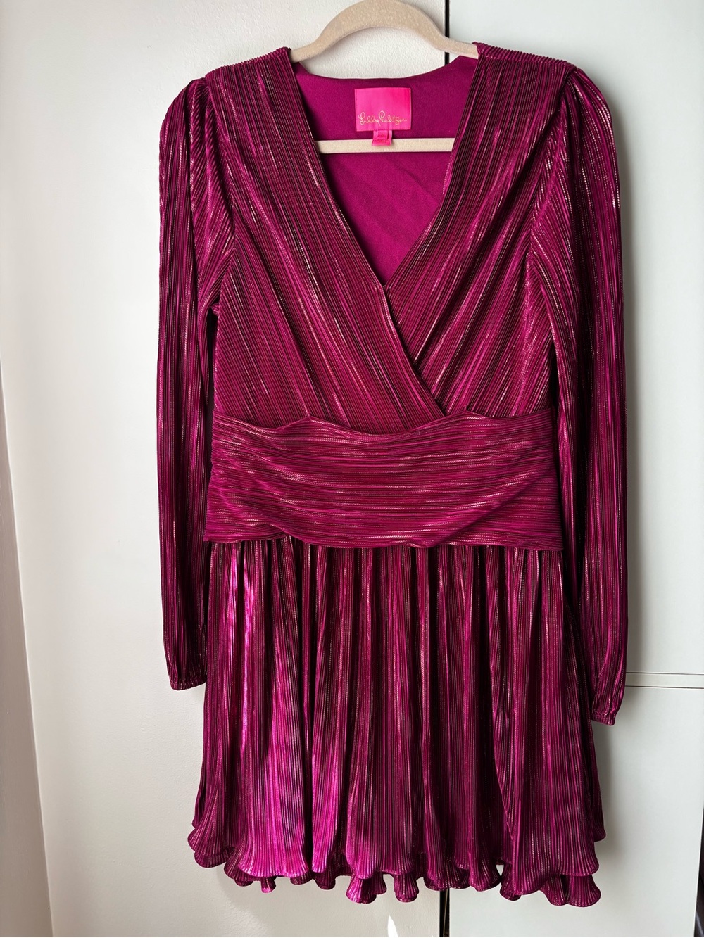 Lilly Pulitzer Jessamie Metallic Mulberry Foil Crinkle Wrap Dress Sz 8 NWOT - Picture 3 of 6